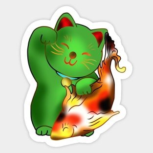 Right paw green maneki neko lucky cat with fish Sticker